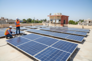 Solar Alliance engineers inspecting solar panels on a rooftop in Lahore